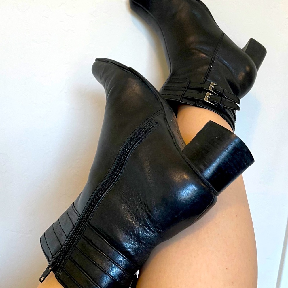 Black Leather Moto Bootie w Silver Buckle
